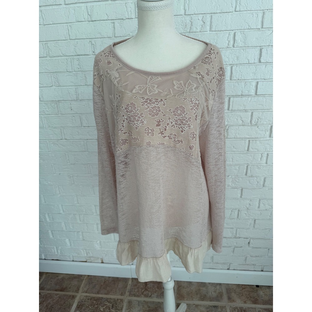 Indigo Soul Tunic Top Womens XL Pink Excellent Lace Mesh Ruffle Boho Knit